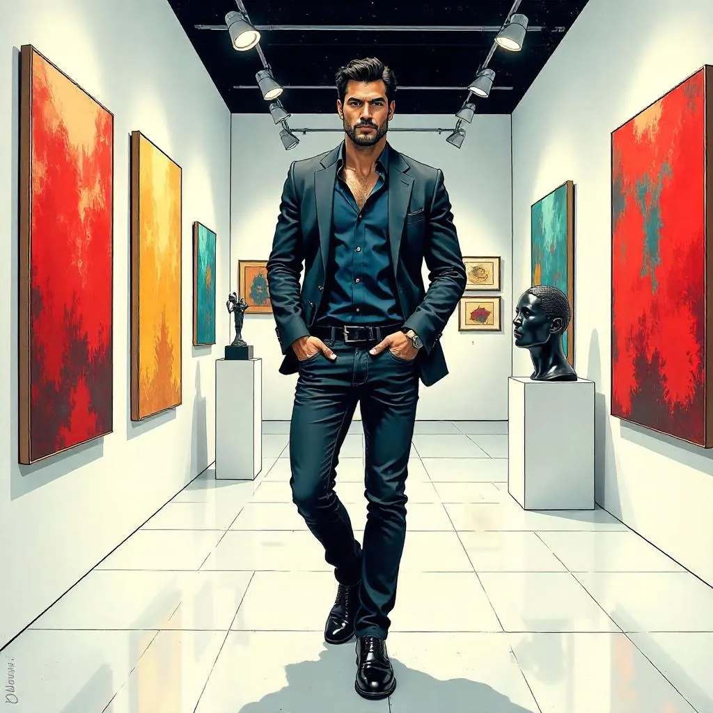 Handsome Latino Hero in a Modern Art Gallery