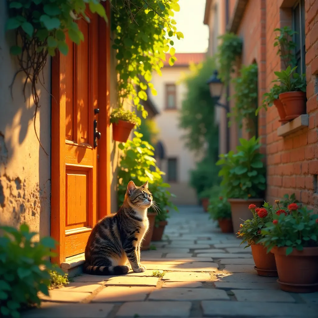 Cat by the Orange Door in a Verdant Alley