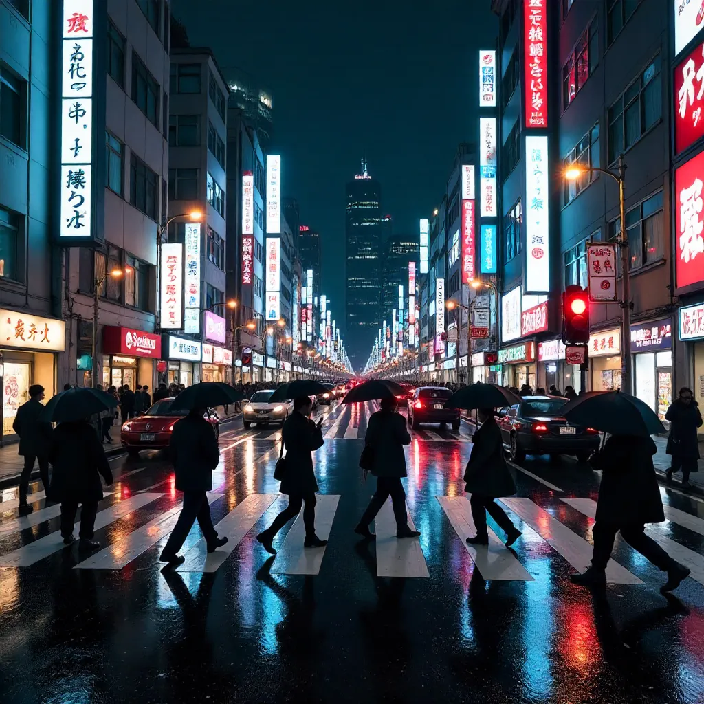 Shibuya-Style Crossing at Night: Pedestrians and Cars