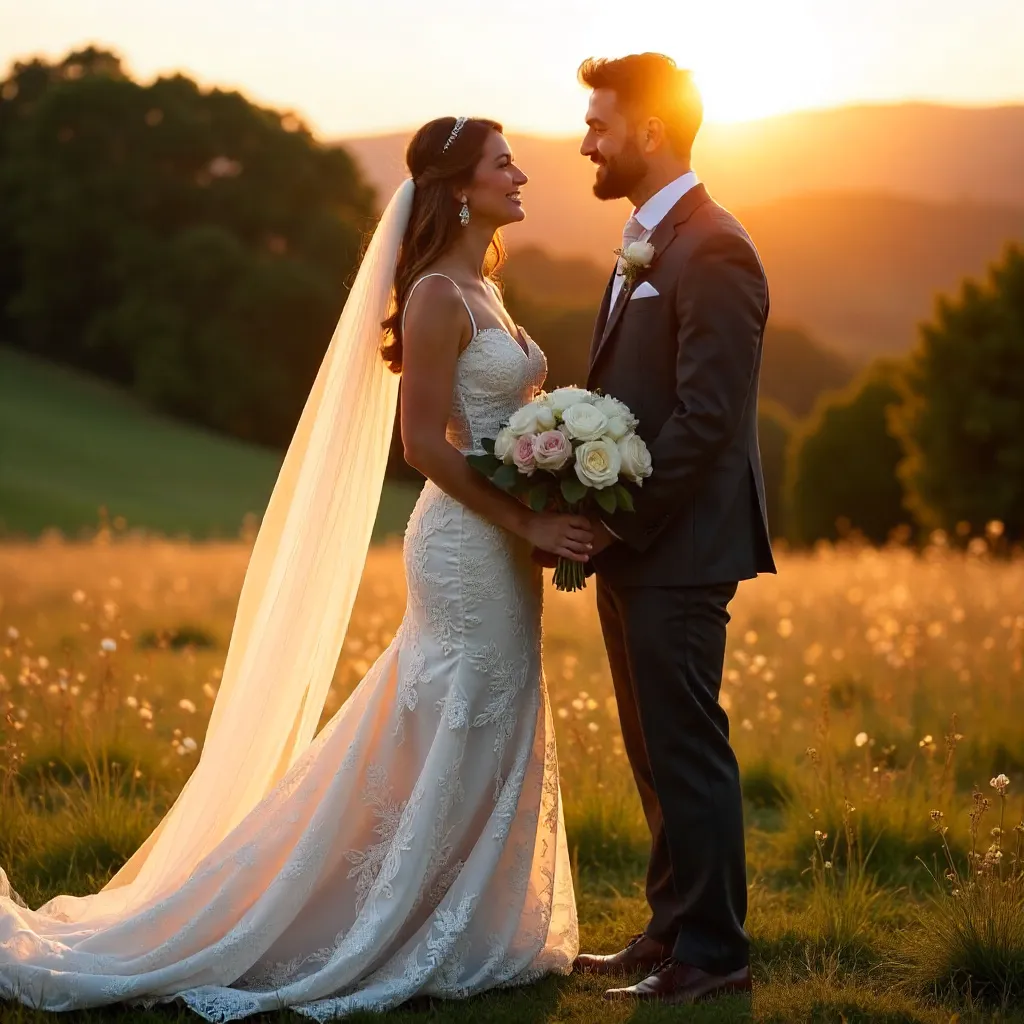 Golden Hour Romance: A Couple in Elegant Outdoor Wedding Attire