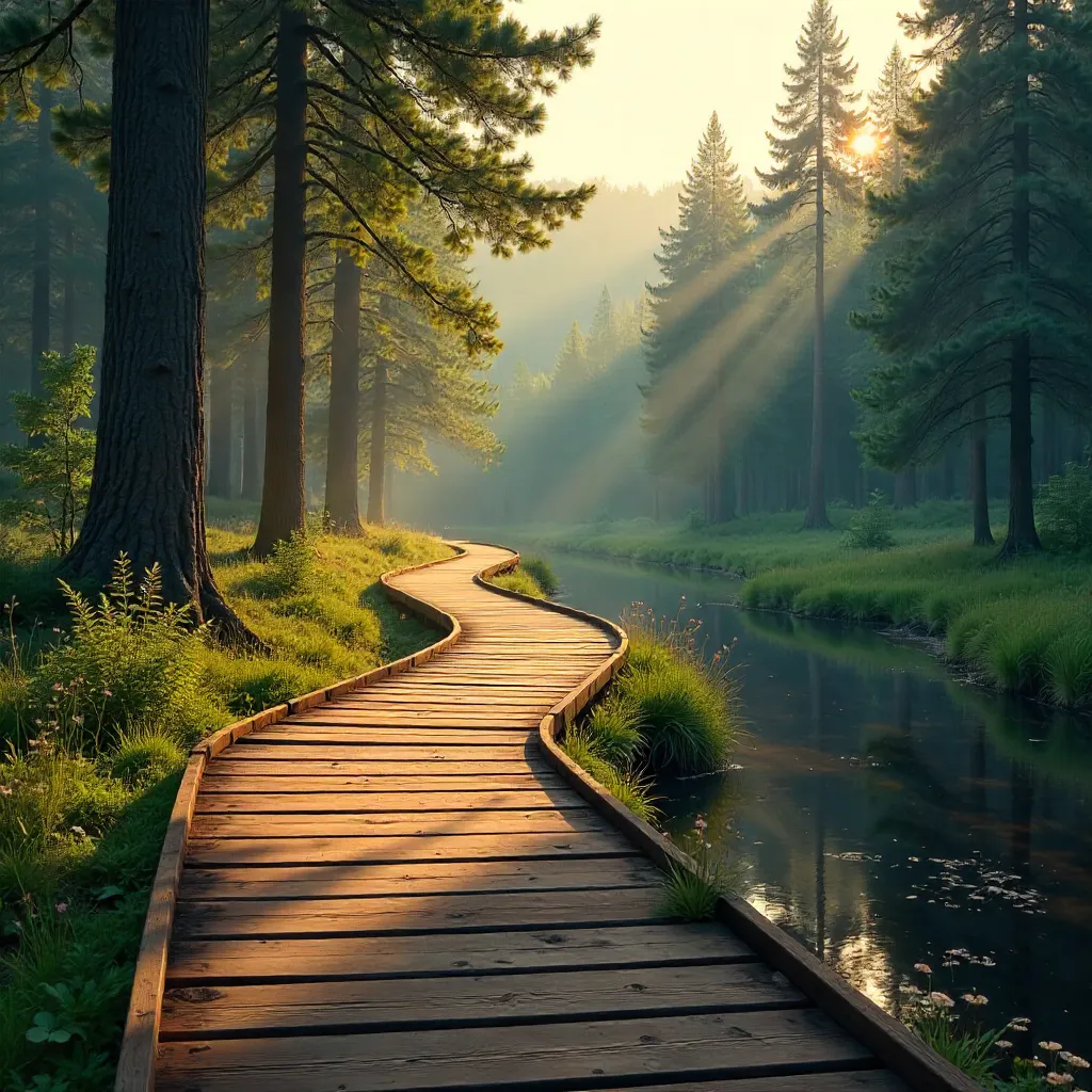 Peaceful Forest Boardwalk in Morning Light