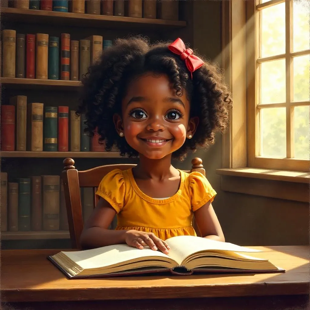 Cheerful Black Girl in a Cozy Library