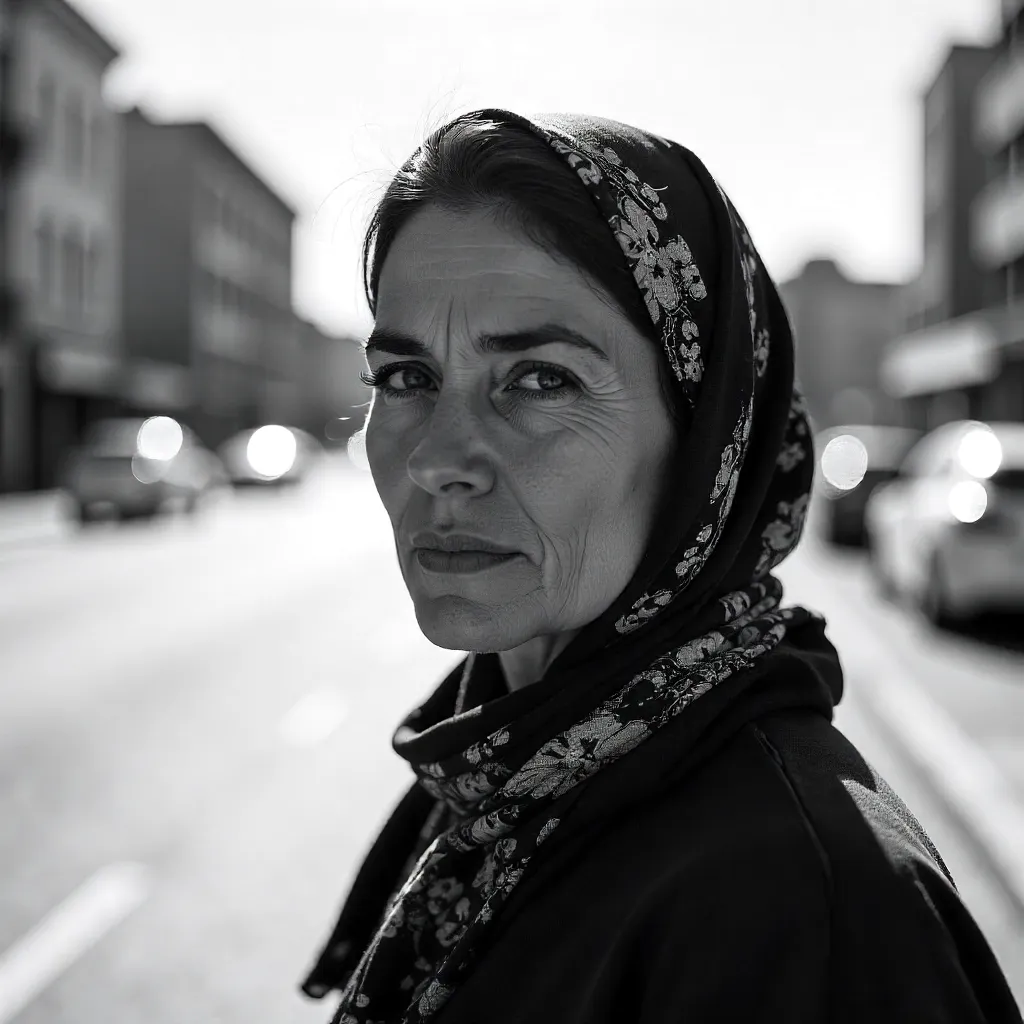 Monochrome Portrait: Woman with Headscarf in Rosario
