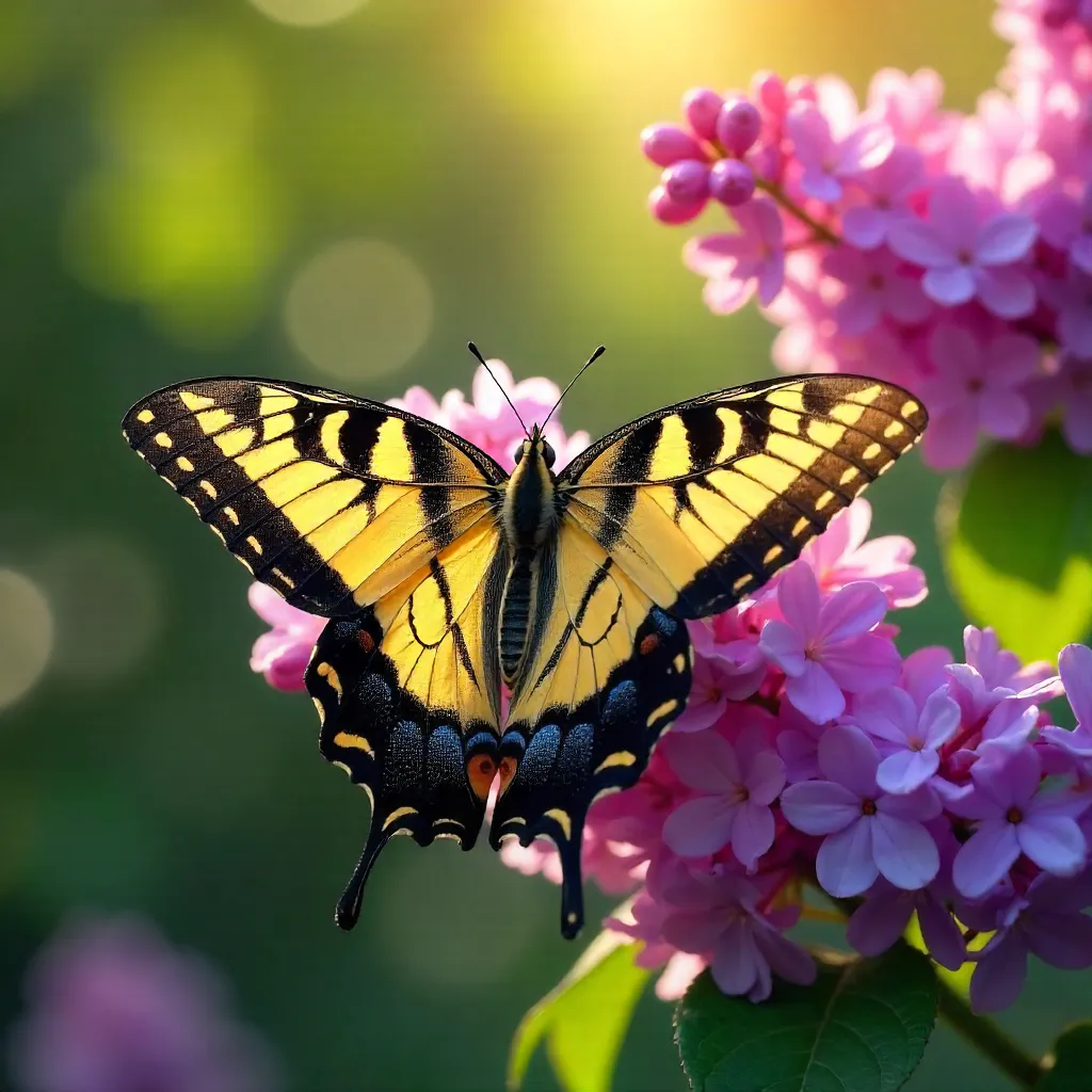Vibrant Swallowtail on Lilac in Sunlit Garden
