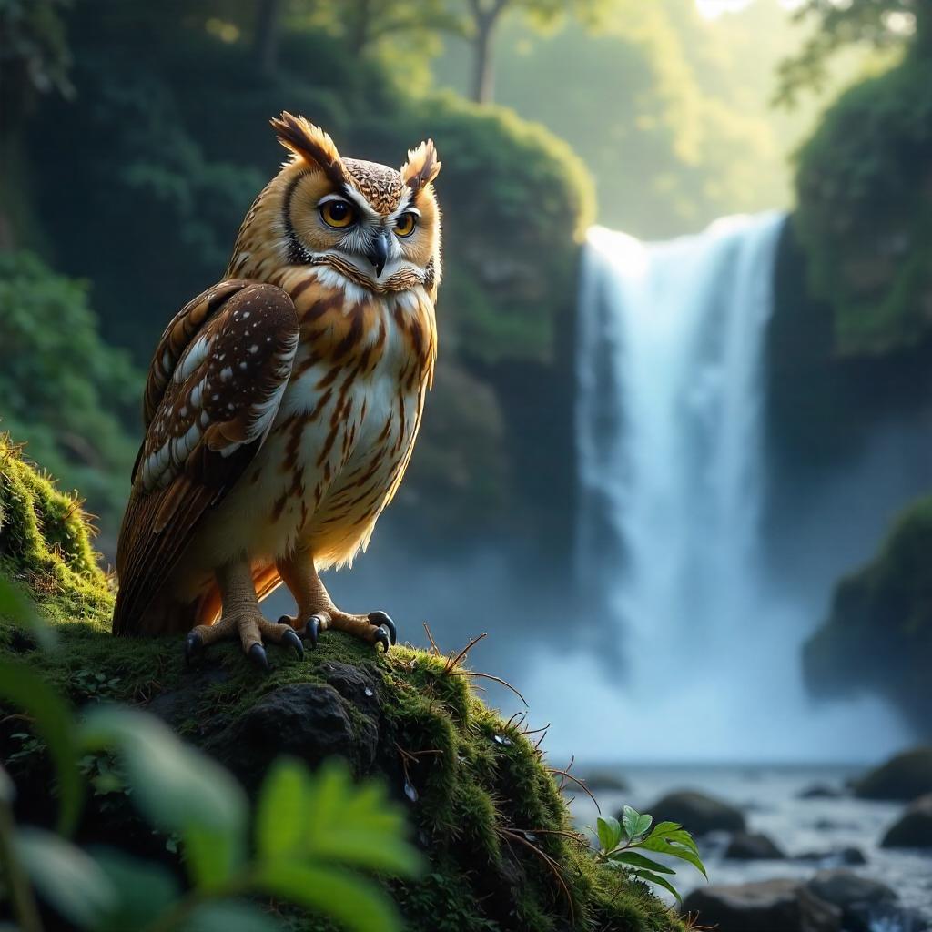 Photorealistic Owl by a Misty Waterfall