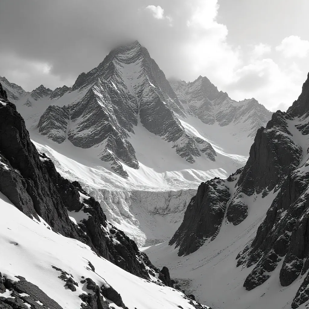 Monochrome Rugged Peaks: Snow-Capped Alpine Giants