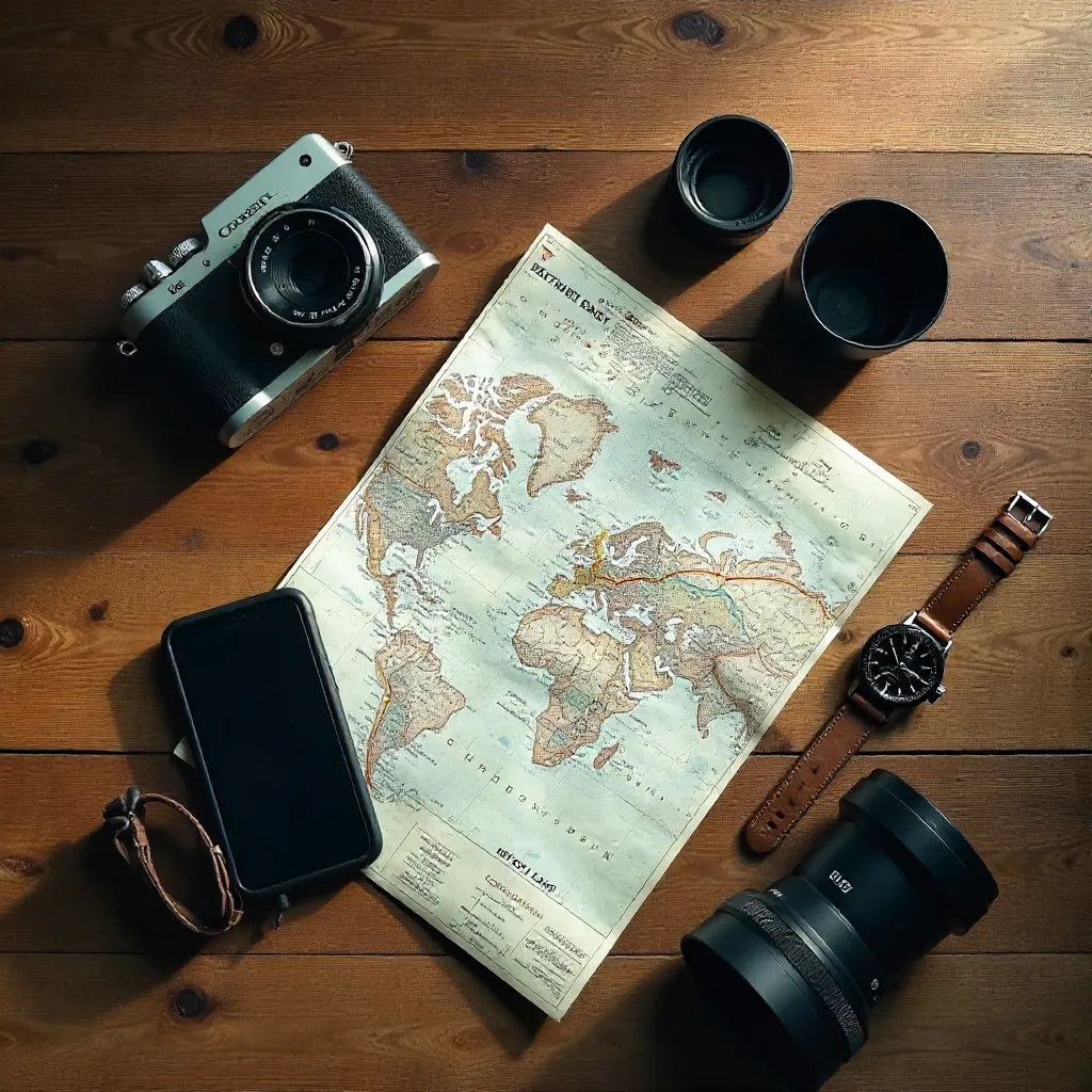 Top-Down Travel Essentials on Rustic Wood