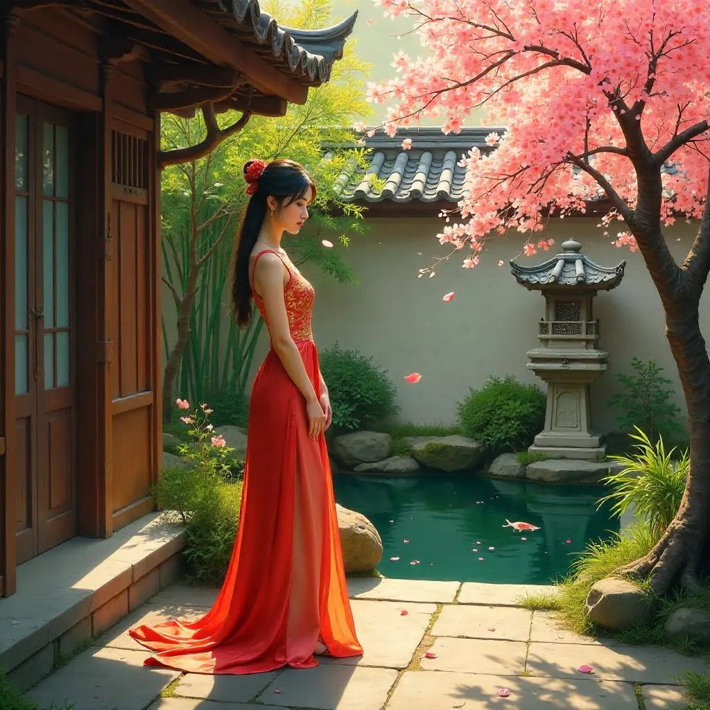 Oil Painting of an Elegant Asian Woman in a Courtyard