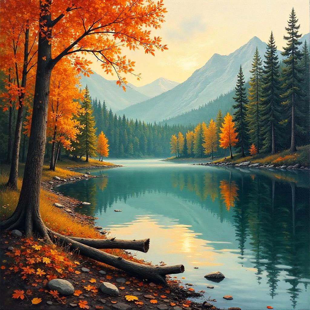 Autumn Lake in an Oak Forest - Oil Painting