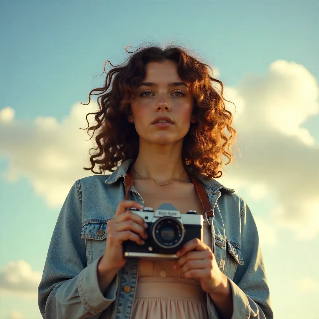 Curly-Haired Woman with Retro Camera Under Clouds