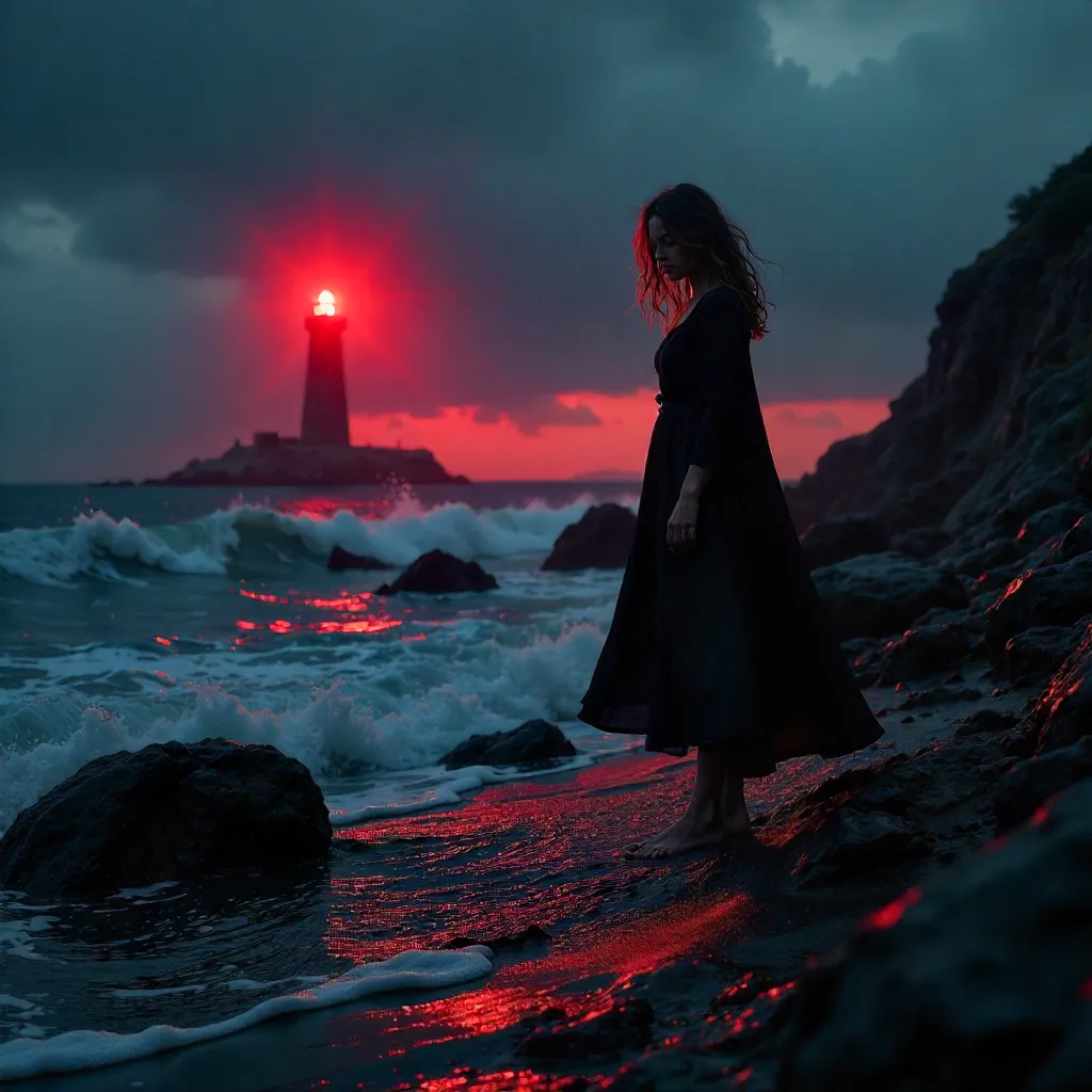 Red Glow on the Rocks: A Mysterious Woman at Night