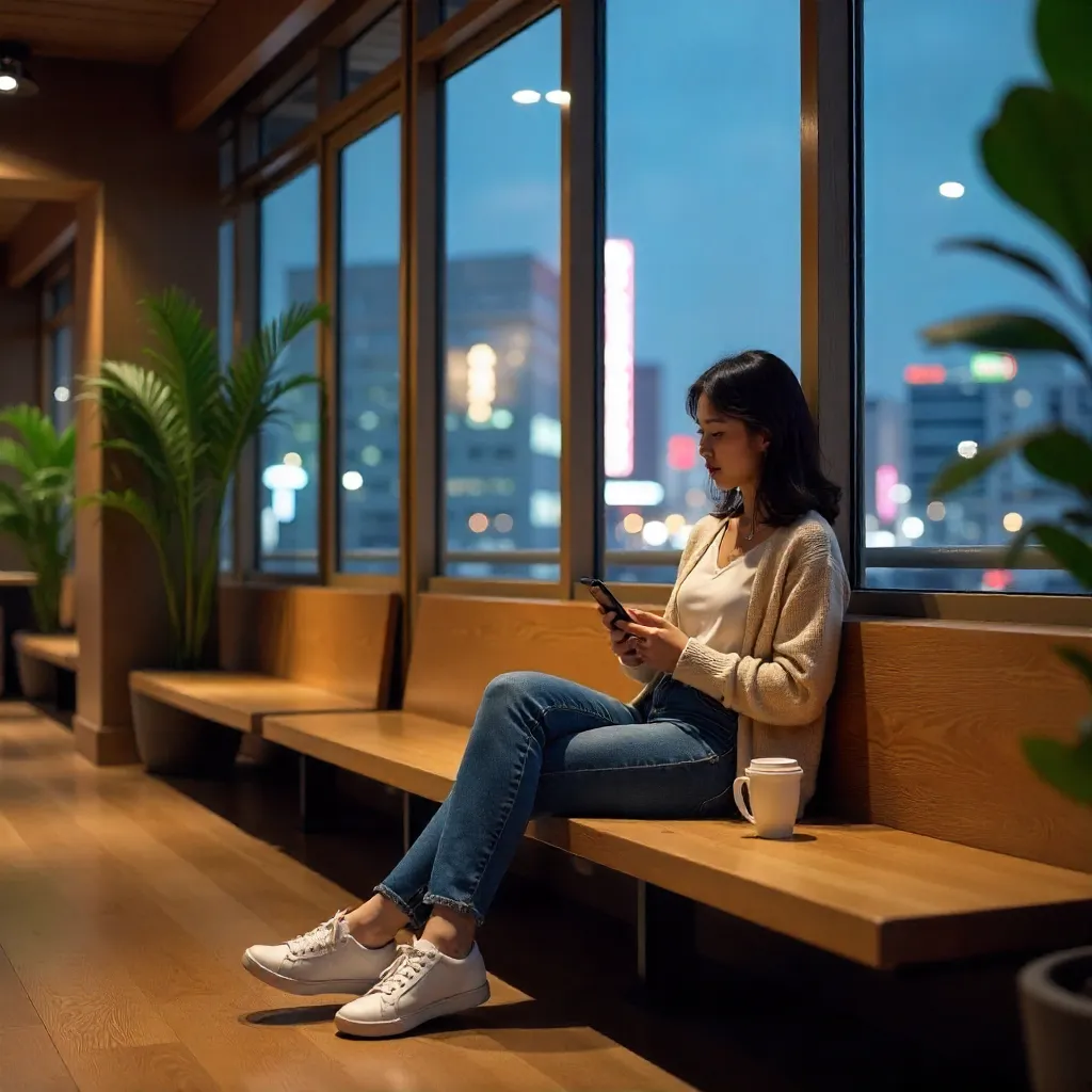 Tokyo Indoor Bench Relaxation with Smartphone