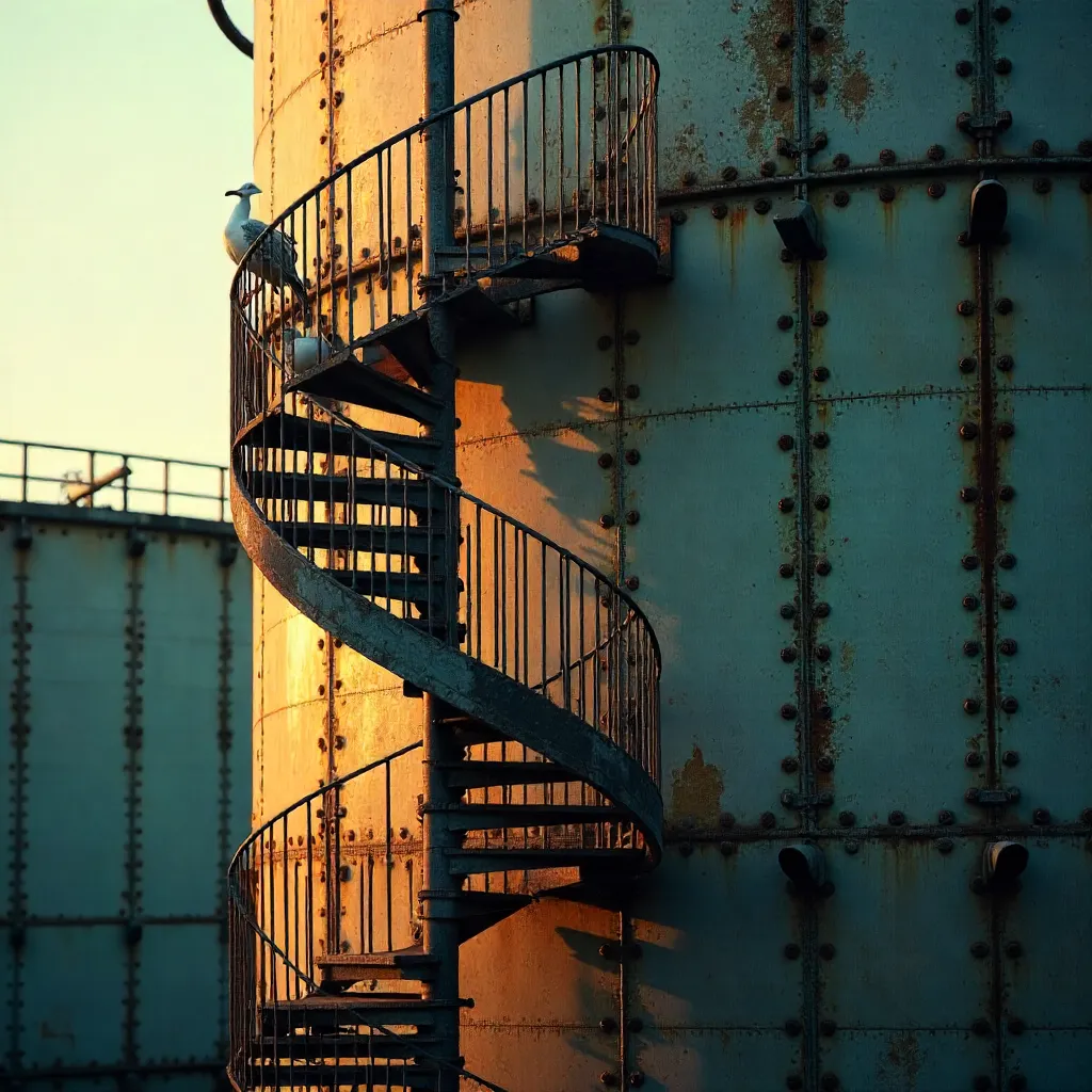 Seagull on the Spiral Staircase of a Weathered Storage Tank at Dusk