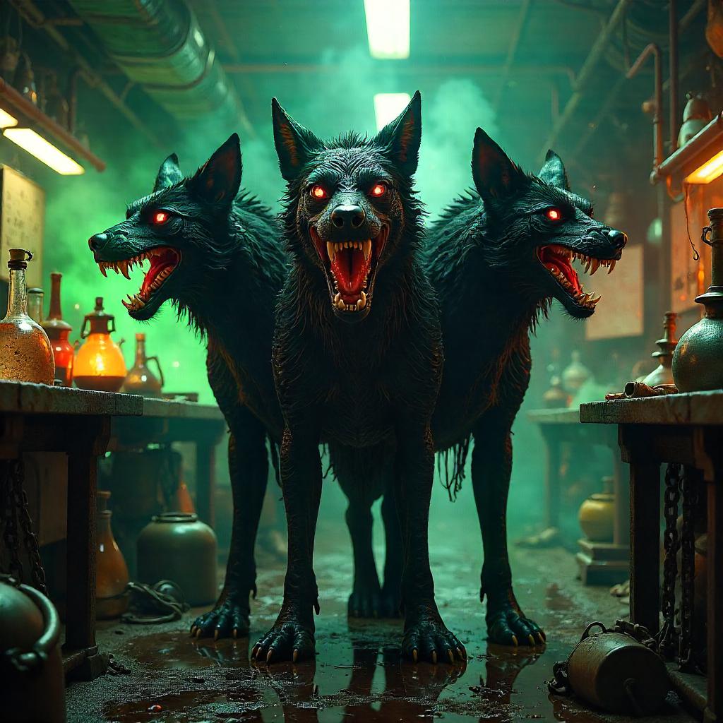 Three-Headed Cerberus in a Mad Science Lab