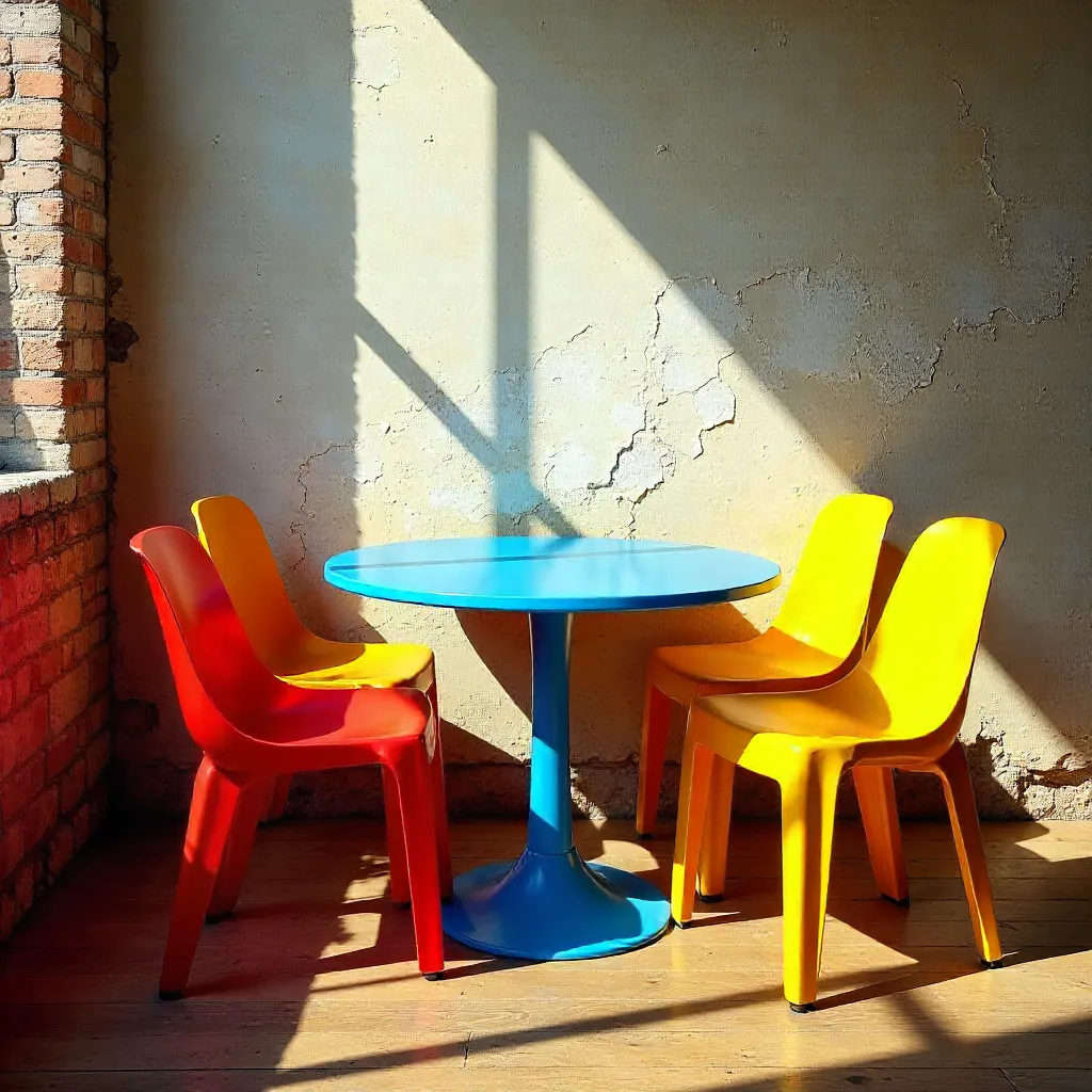Vibrant Chairs and Blue Table by Textured Wall