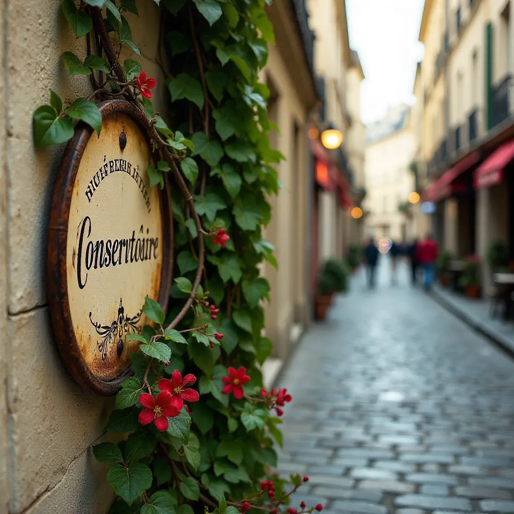 Vine and Conservatoire Sign on a Paris Cobblestone Street