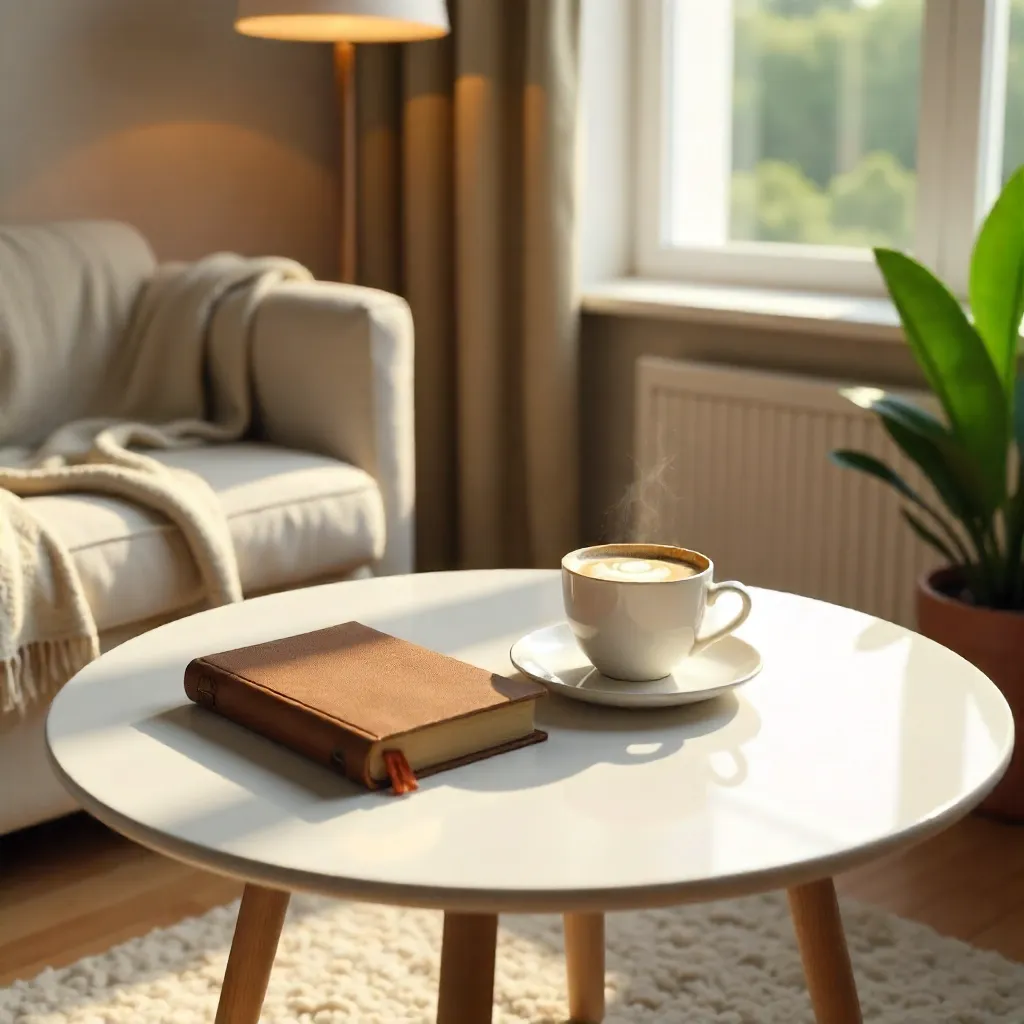 Cozy Living Room Table with Coffee, Book, and Tablet
