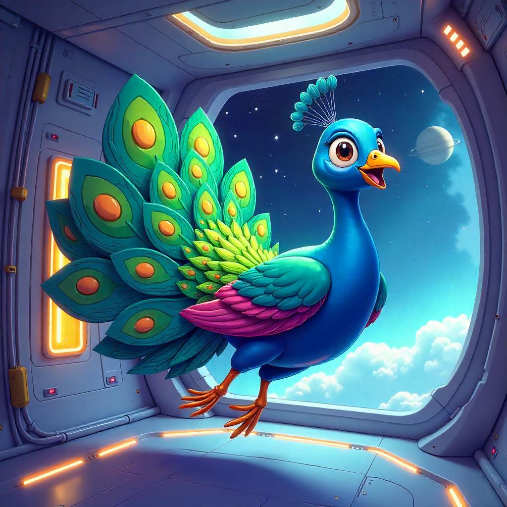 Zero-Gravity Peacock in Colorful Cartoon Flight