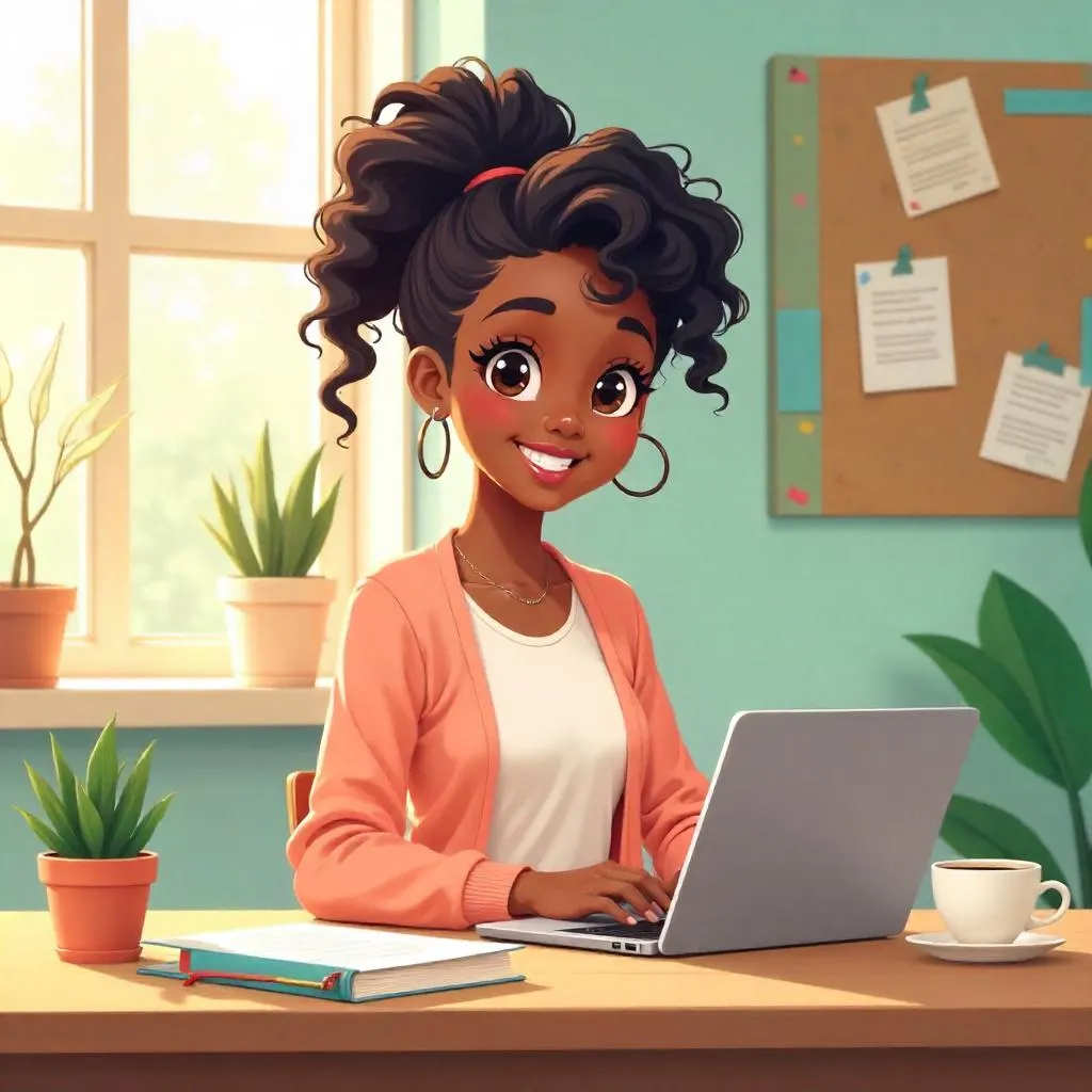 Cheerful Black Girl in Anime Workspace