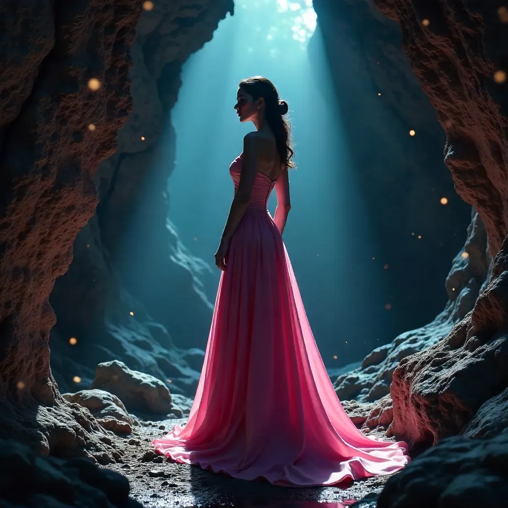 Cavern Elegance: Pink Dress, Dark Mystique
