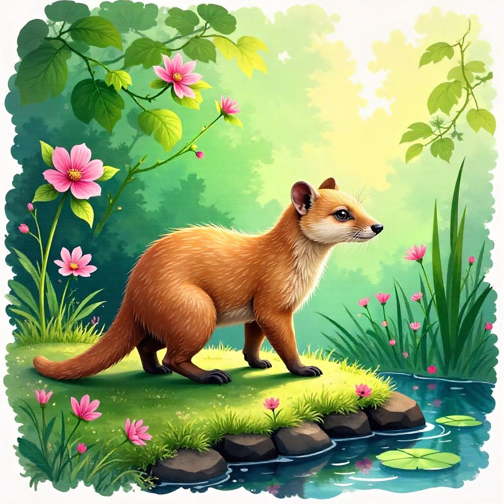 Watercolor Mongoose in a Sunlit Botanical Garden