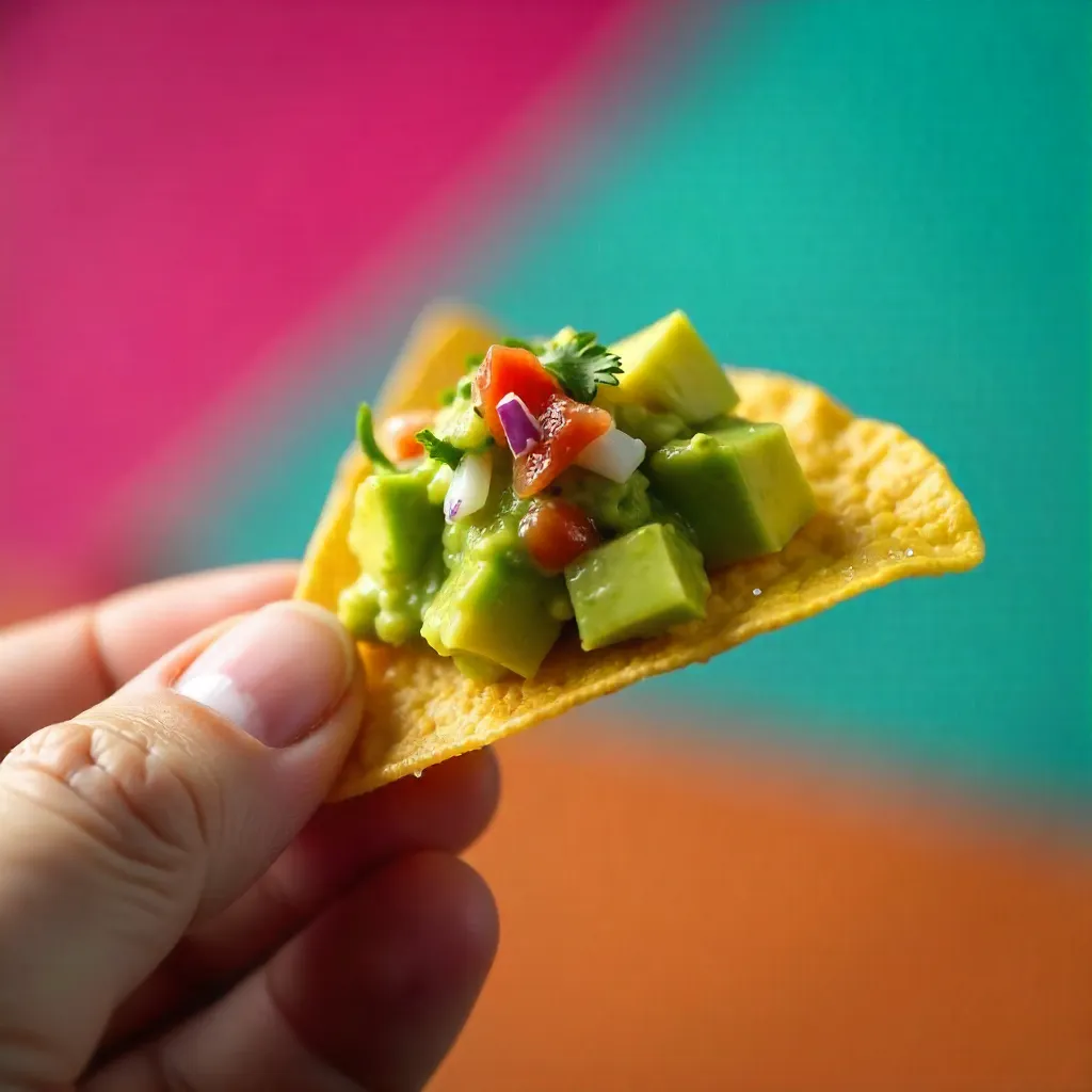 Bright Hand Holding Nacho Chip with Guacamole