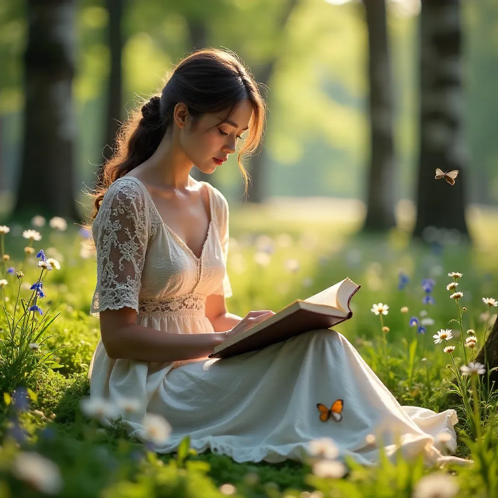 Spring Forest Meadow Reading in Lace Dress