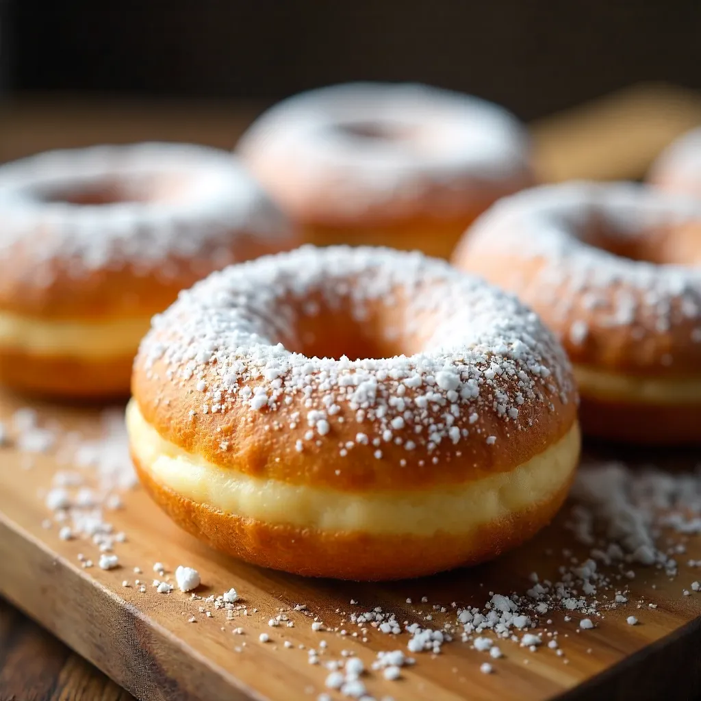 Powdered Donuts on a Rustic Wooden Board – Close-Up