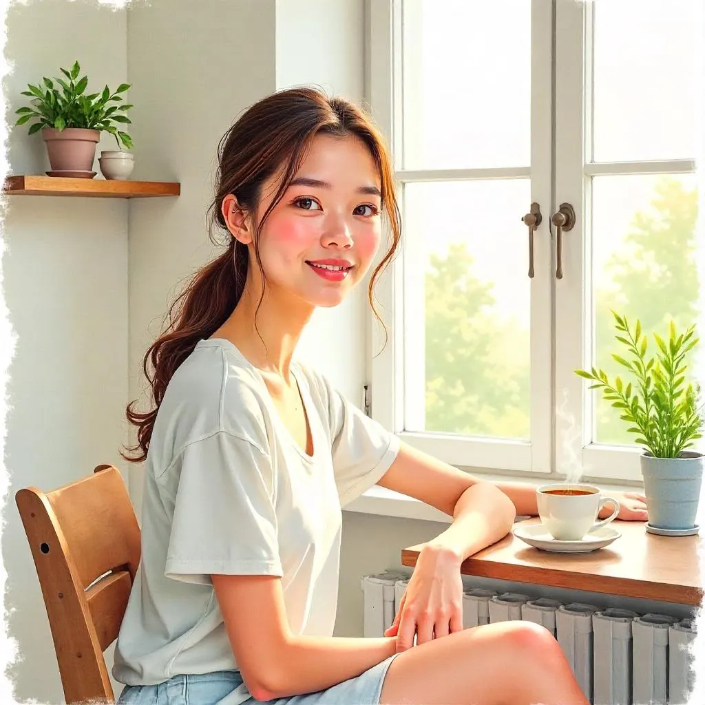 Watercolor Portrait: Woman in a Cozy Apartment