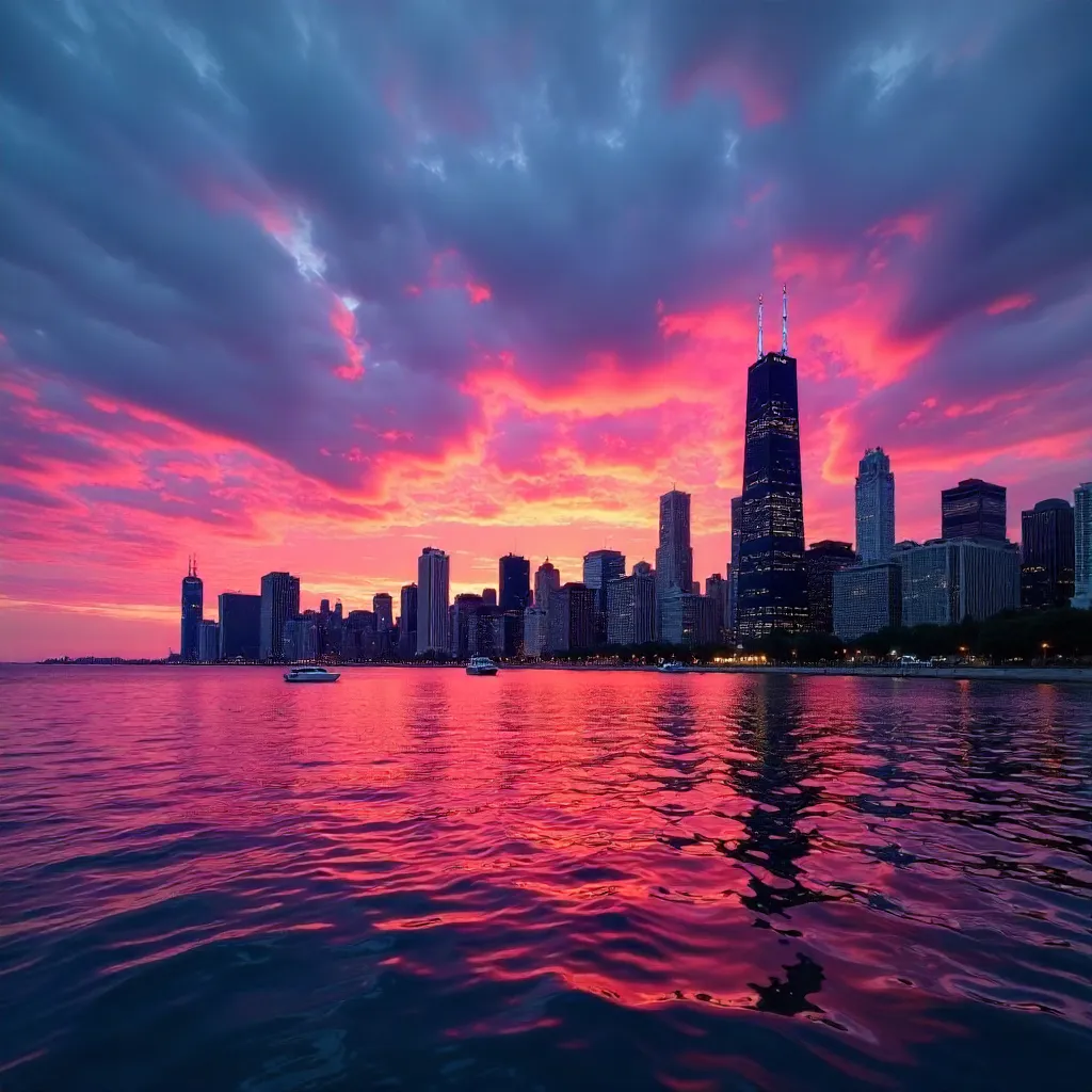 Stunning Chicago Skyline at Dusk over Lake Michigan