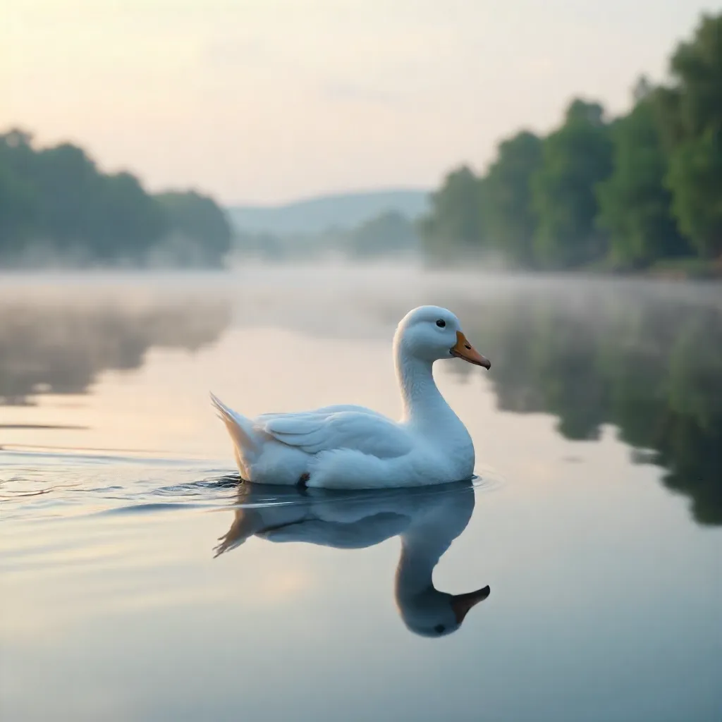 White Duck Gliding on a Serene Mirror Lake