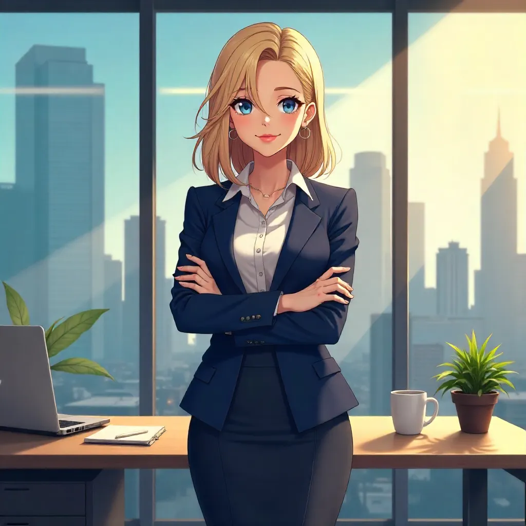Confident White Woman in a Modern Anime Office