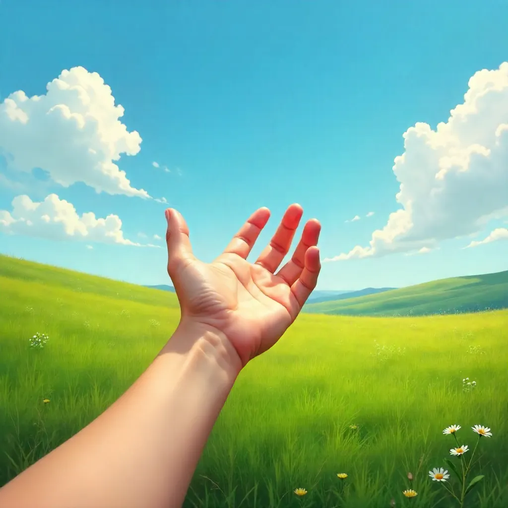 Solitary Hand Reaching Toward Freedom in a Serene Green Landscape