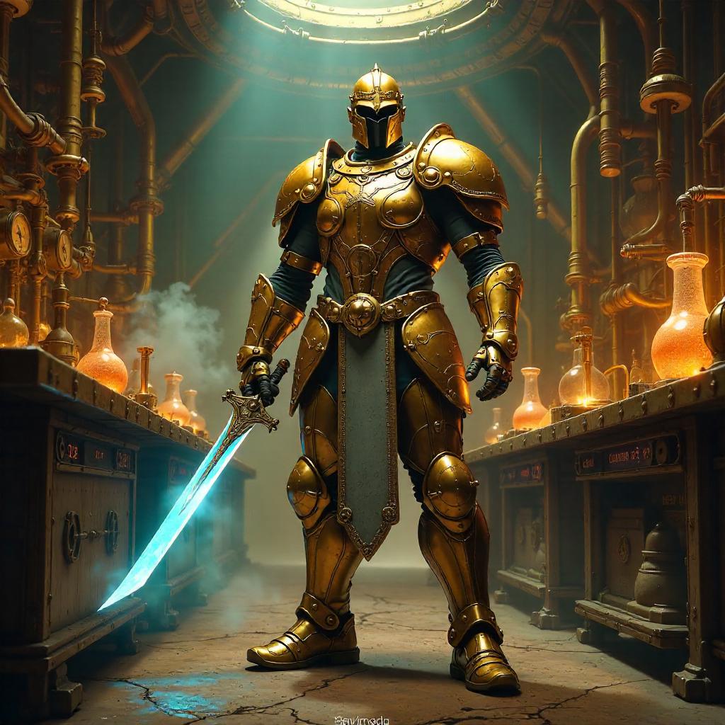 Brass-Warrior Concept Art in a Brass Laboratory