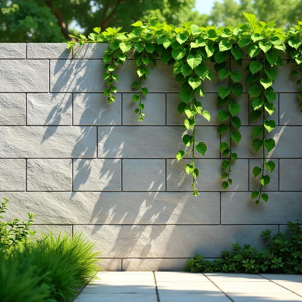 Minimalist Stone Wall with Cascading Green Foliage in Sunlight