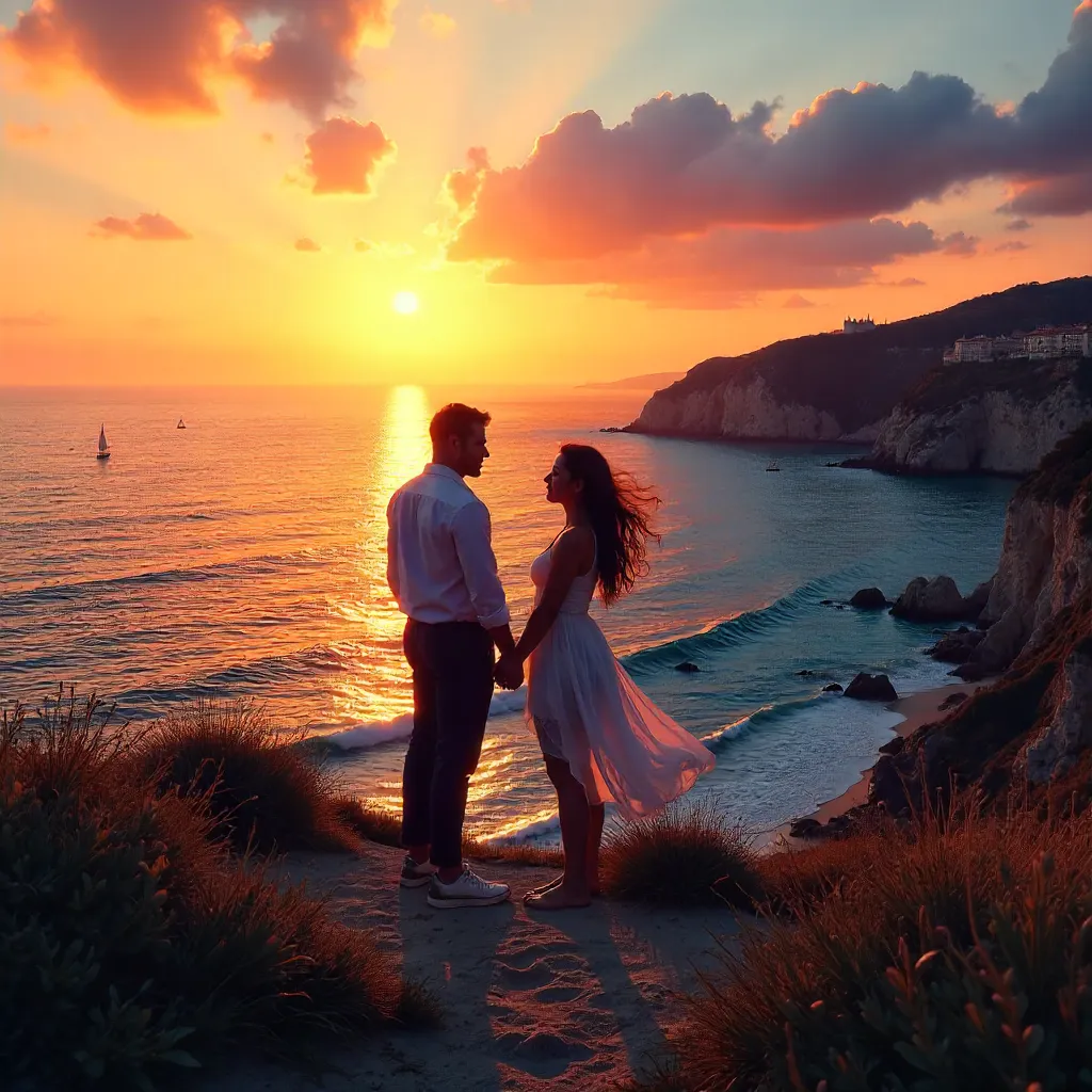 Couple Silhouette on Marseille Cliff at Sunset