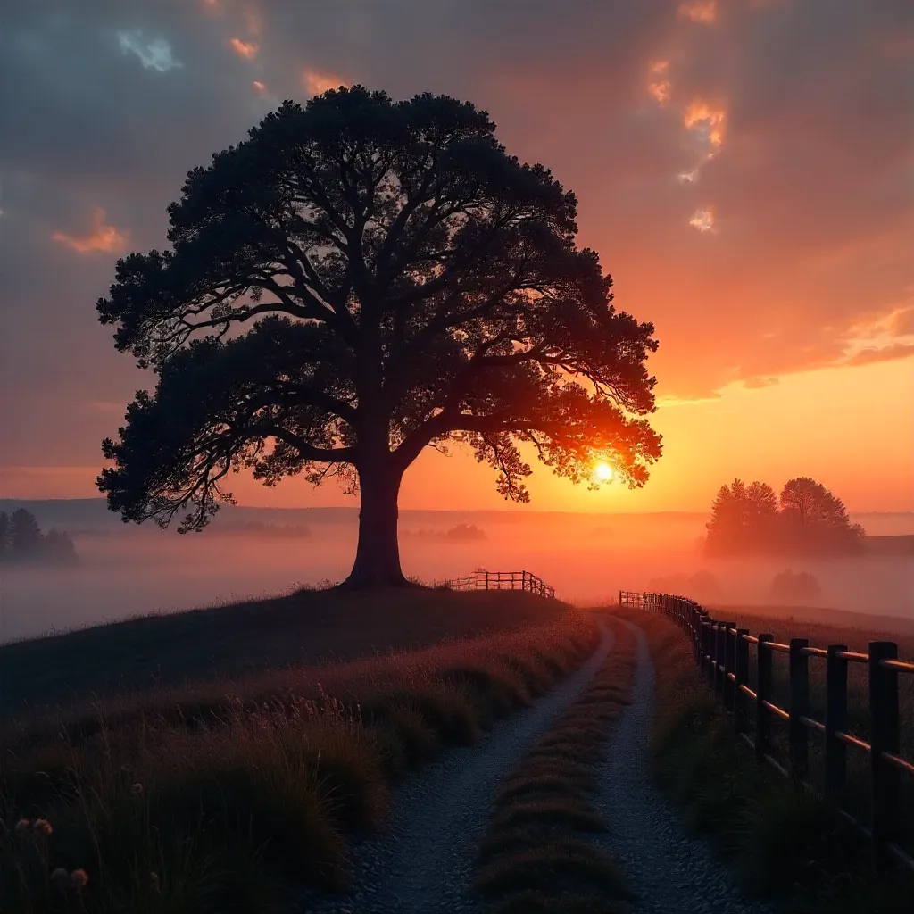 Silhouette Oak at Golden Sunset in Estonian Countryside