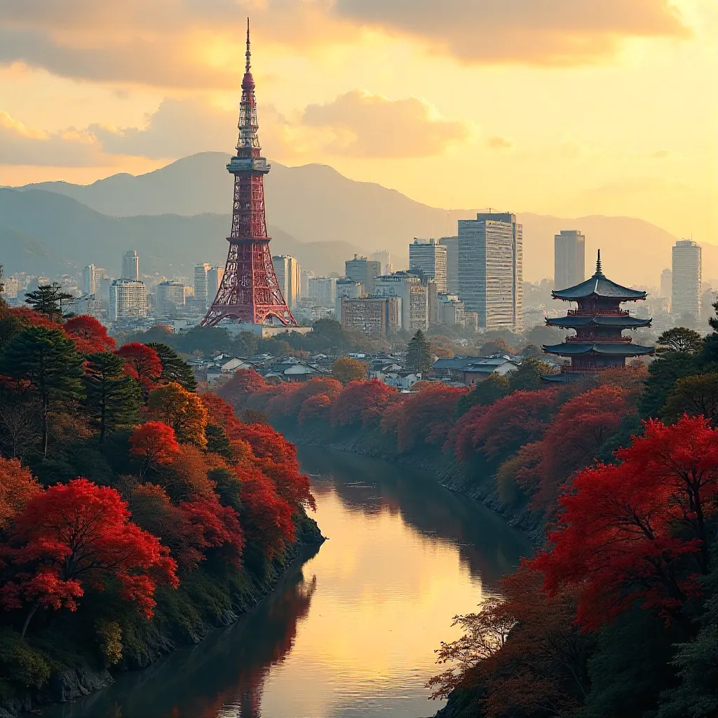 Kyoto Skyline at Golden Hour with Kyoto Tower and Autumn Foliage