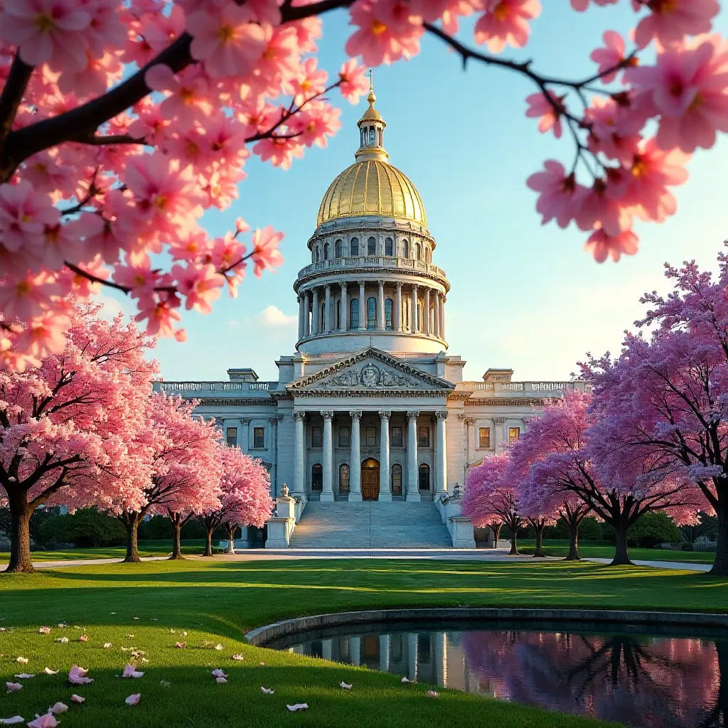Golden Capitol Dome Framed by Cherry Blossoms in Olympia