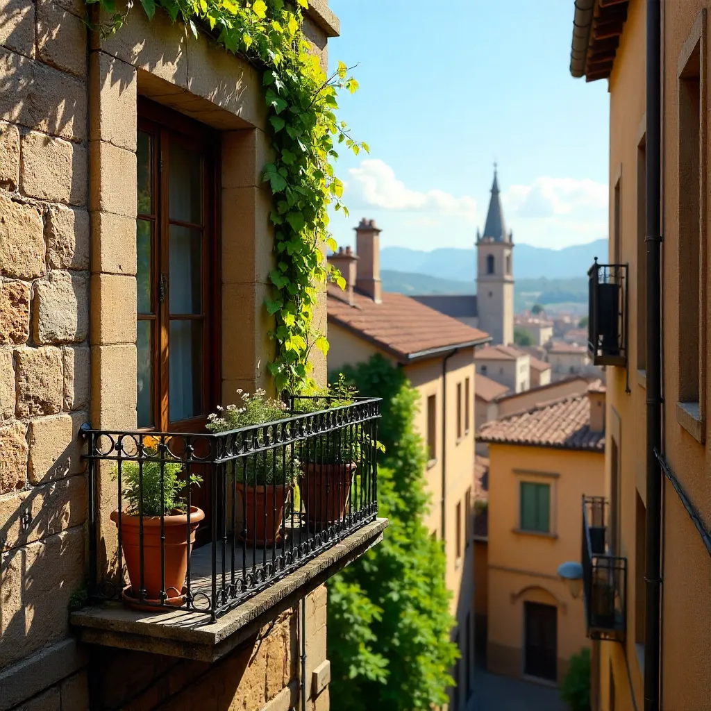 Vine-Covered Balcony on Toledo Stone Facade