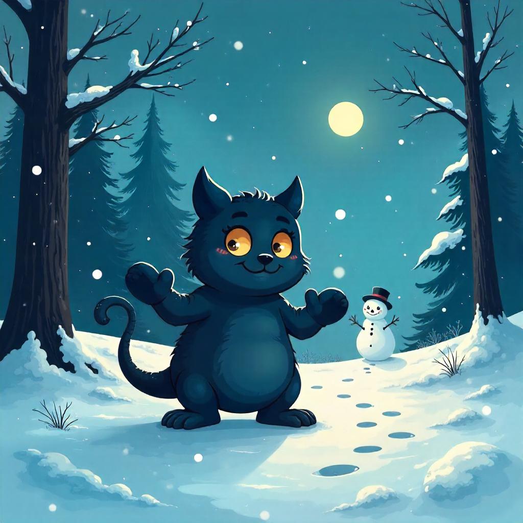 Shadow Creature in a Snowy Cartoon Landscape