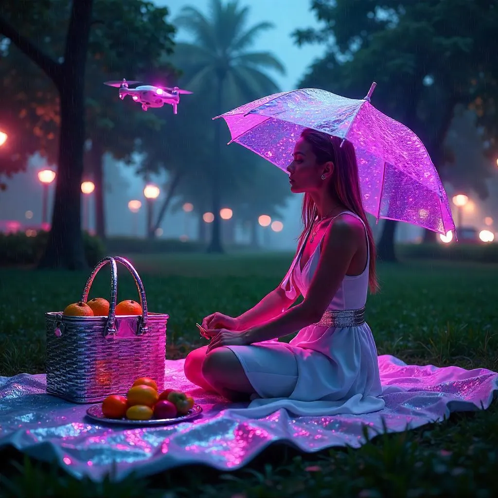 Neon Picnic: Elegant Cyberpunk Woman