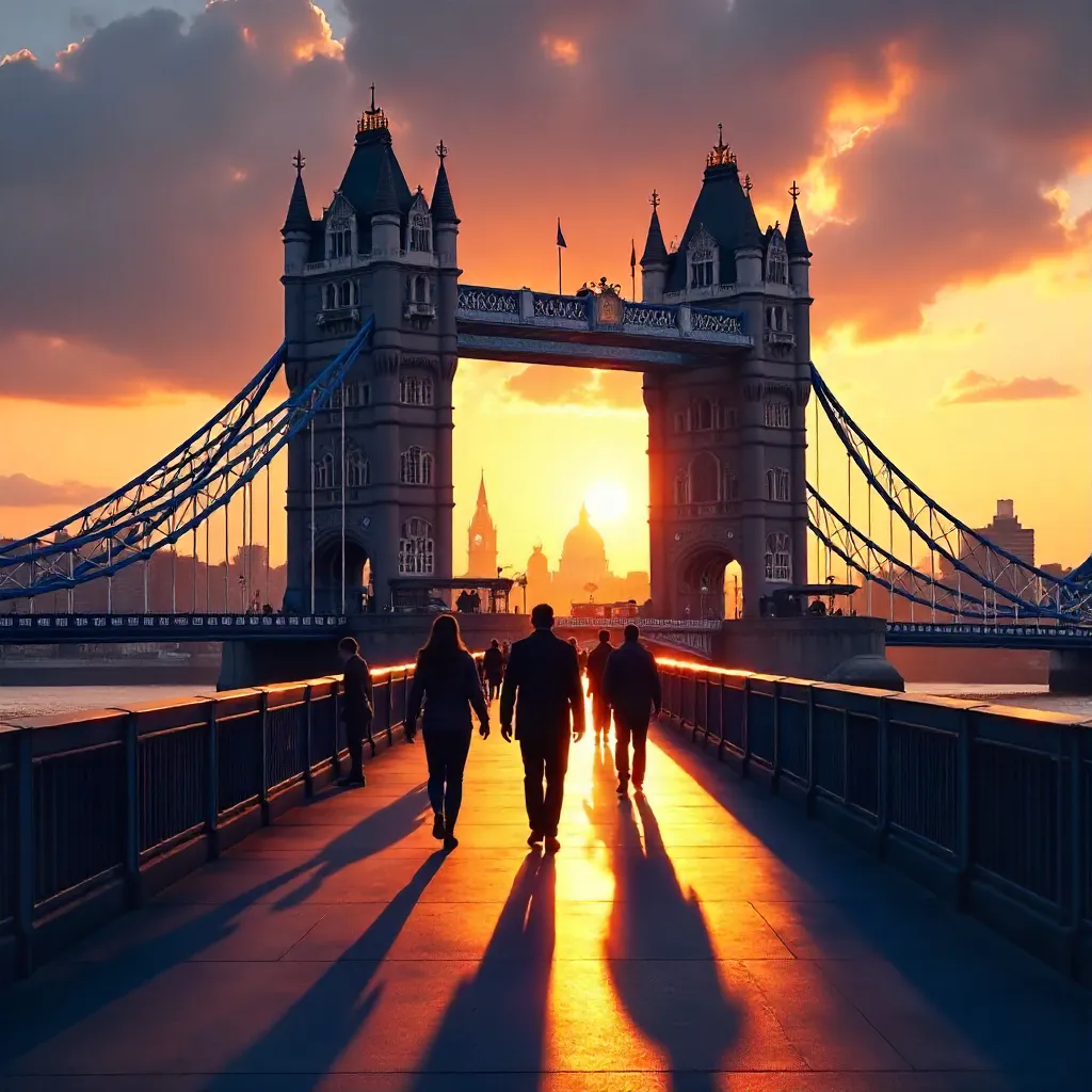 Silhouetted Walkers Across Tower Bridge at Sunset