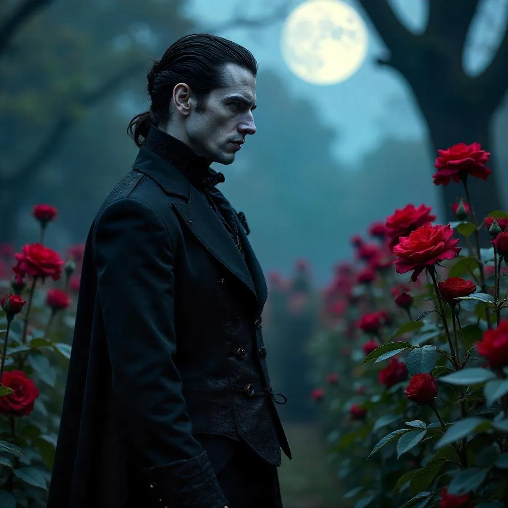 Photoreal Vampire in a Rose Garden at Twilight