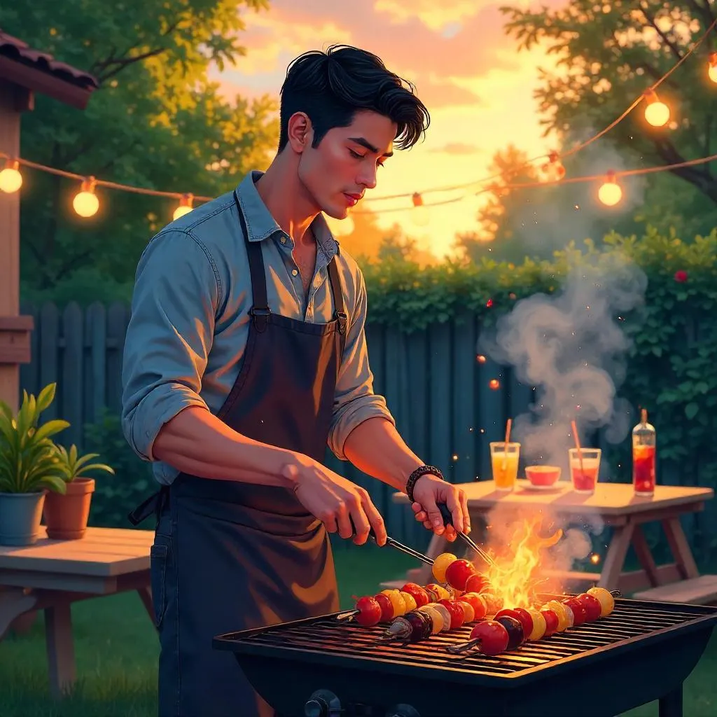 Handsome Asian Man at a Summer Anime Barbecue