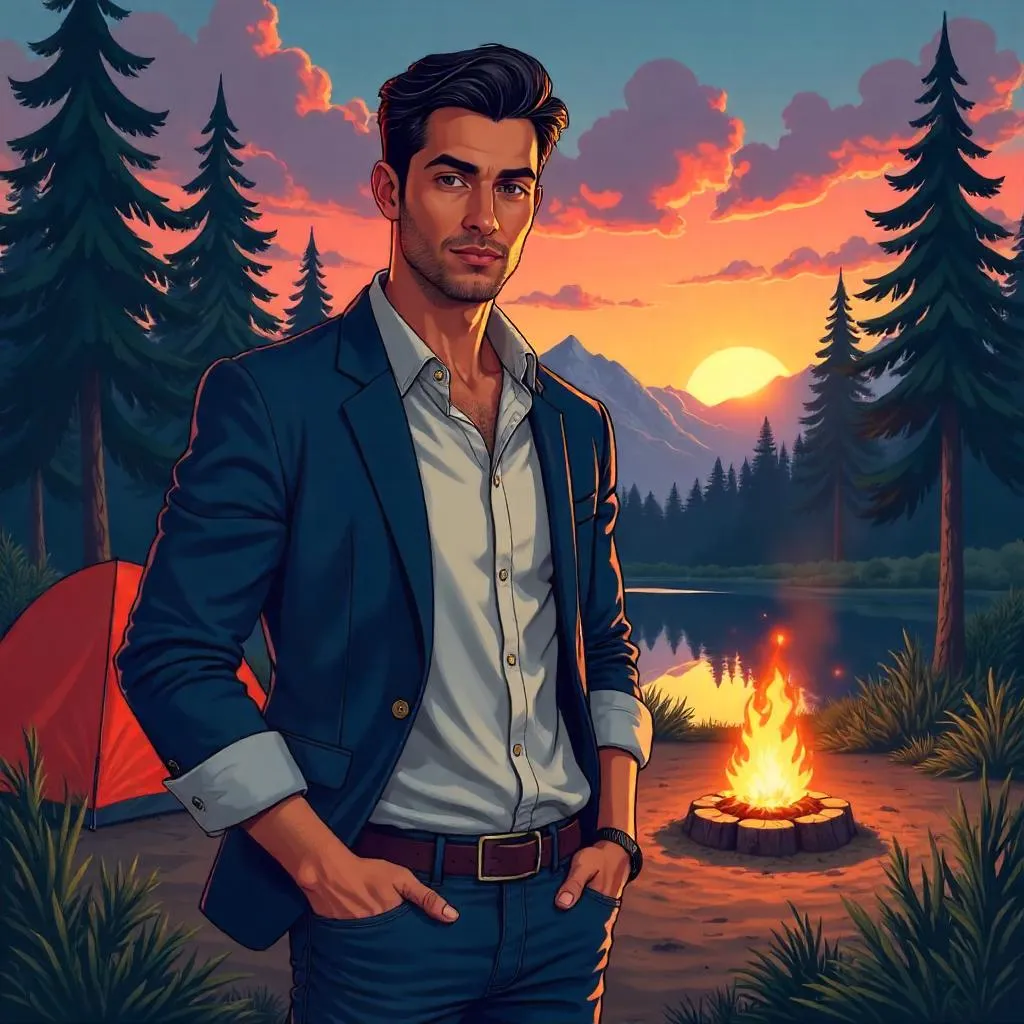Anime Style: Professional Latino Man at a Camping Site