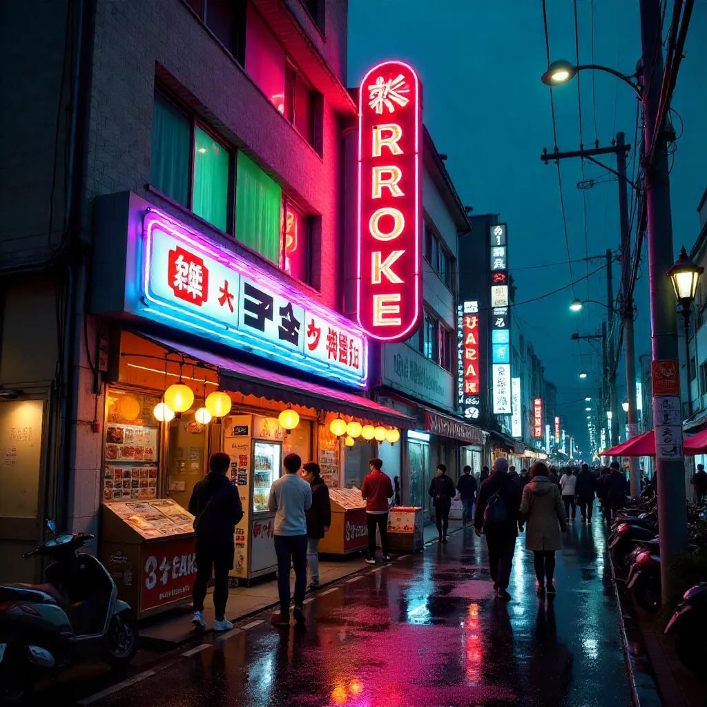 Neon Night: Bustling Karaoke Street in Japan