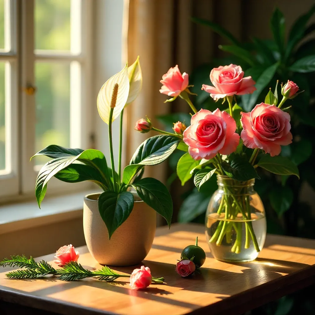 Sunlit Table with Peace Lily and Pink Roses