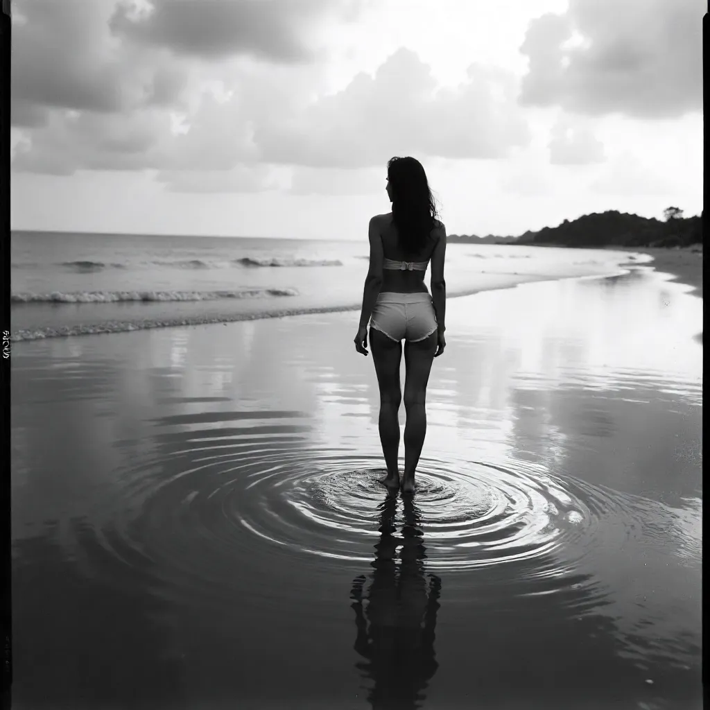 Reflections of a Barefoot Woman in Water