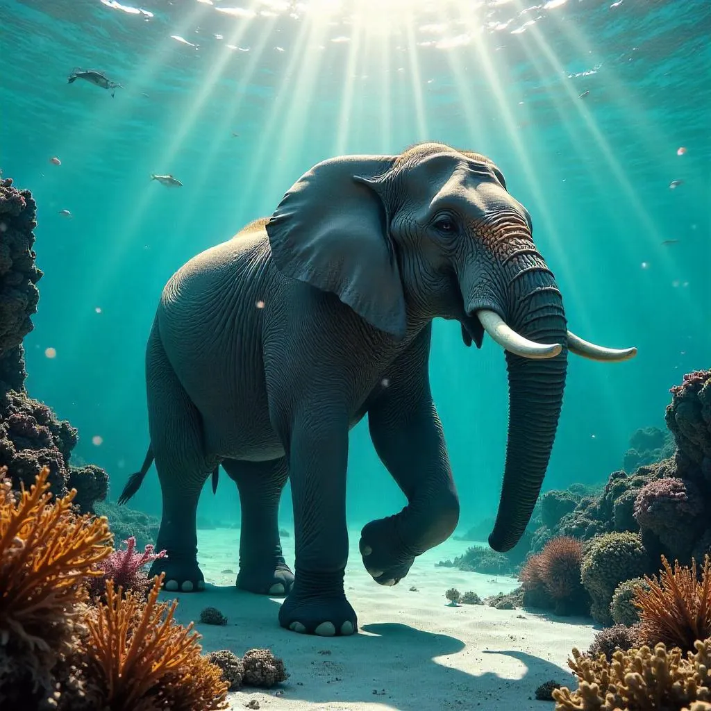 Photorealistic Underwater Elephant in Sunlit Ocean